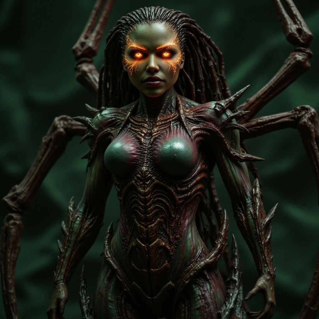 aidmafluxpro1.1, aidmarealisticskin, The image is a photograph of a female humanoid alien figure, likely a movie poster. The creature has an elongated, humanoid body with a female, muscular, athletic build. Its skin is a blend of dark green and reddish tones, with a scaly, textured surface that suggests a reptilian or insectoid origin. The creature's face is striking, with sharp, angular features, glowing yellow eyes, and a mouth filled with sharp teeth.