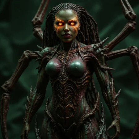 aidmafluxpro1.1, aidmarealisticskin, The image is a photograph of a female humanoid alien figure, likely a movie poster. The creature has an elongated, humanoid body with a female, muscular, athletic build. Its skin is a blend of dark green and reddish tones, with a scaly, textured surface that suggests a reptilian or insectoid origin. The creature's face is striking, with sharp, angular features, glowing yellow eyes, and a mouth filled with sharp teeth.