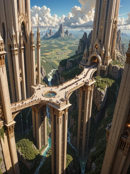 symmetrical architecture, photorealistic, realistic painting, late medieval high fantasy setting, epic and highly aesthetic, refined details, intricate decorations, muted colors, 8k, 16k, birds eye view, dappled sunlight, a sweeping view of a wondrous fantasy city carved into opposing towering cliffsides in a lush valley of a fantastical world, the cities architecture is grandiose and ornate, blending gothic and fantasy elements into an awe-inspiring tableau, the focus is a massive stone bridge stretching majestically across a deep chasm on towering symmetrical arches, it is connecting the left and right cliff of the valley, each cliff featuring elaborate, carved entrances framed by intricate stonework, the surface of the bridge is adorned with spires and elaborate carvings, the tall symmetrical arches beneath it reveal glimpses of a lush landscape of forests, rolling hills, and vibrant fields below and in the distance. a lively and diverse crowd of elegant elves, sturdy dwarves and humans crosses the bridge and travels underneath, some engage in animated conversations, others walk in quiet contemplation, and a few children scamper playfully near their guardians, the scene exudes life and movement, with each figure contributing to the richness of the narrative. the background showcases a verdant forest stretching across the horizon, its lush greenery adding softness to the otherwise imposing gothic architecture, sunlight filters dramatically through the clouds above, casting long, dynamic shadows across the bridge and cliffs, the interplay of light and shadow highlights the intricacies of the stonework and the finely detailed fabric of the travelers' garments, the golden-hour glow contrasts with the cool, shaded areas of the bridge and chasm, creating a harmonious balance of warmth and depth. the composition is meticulously detailed, emphasizing the tactile realism of the intricately carved stone bridge and the delicate folds of the travelersâ clothing, the high vantage point captures the immense scale and grandeur of the scene, immersing the viewer in the overwhelming beauty and complexity of this fantastical world, distant elements are painted with a softer focus, drawing the eye toward the richly detailed foreground and the majestic bridge at the heart of the image. this cinematic scene, bathed in golden light, merges fantasy splendor with dramatic scale, the transitions between light and shadow evoke a sense of depth and mystery, while the masterful attention to detail celebrates the harmonious blend of architectural marvels, natural beauty, and the vibrant energy of a diverse, living world, a harmonious color palette of beige, deep greens, and blue, in the style of ck-ovf, amanoer, 
<lora:style-oneviolentfantasy-ep21-flux-by_chronoknight:0.4> 
<lora:style-yoshitaka_amano-elden_ring-flux-by_alicient:0.6> 
<lora:style-fantastic_landscapes-flux-by_artifyai:0.88> 
<lora:epic_gorgeous_details-balance-flux-by_flyway:0.6>