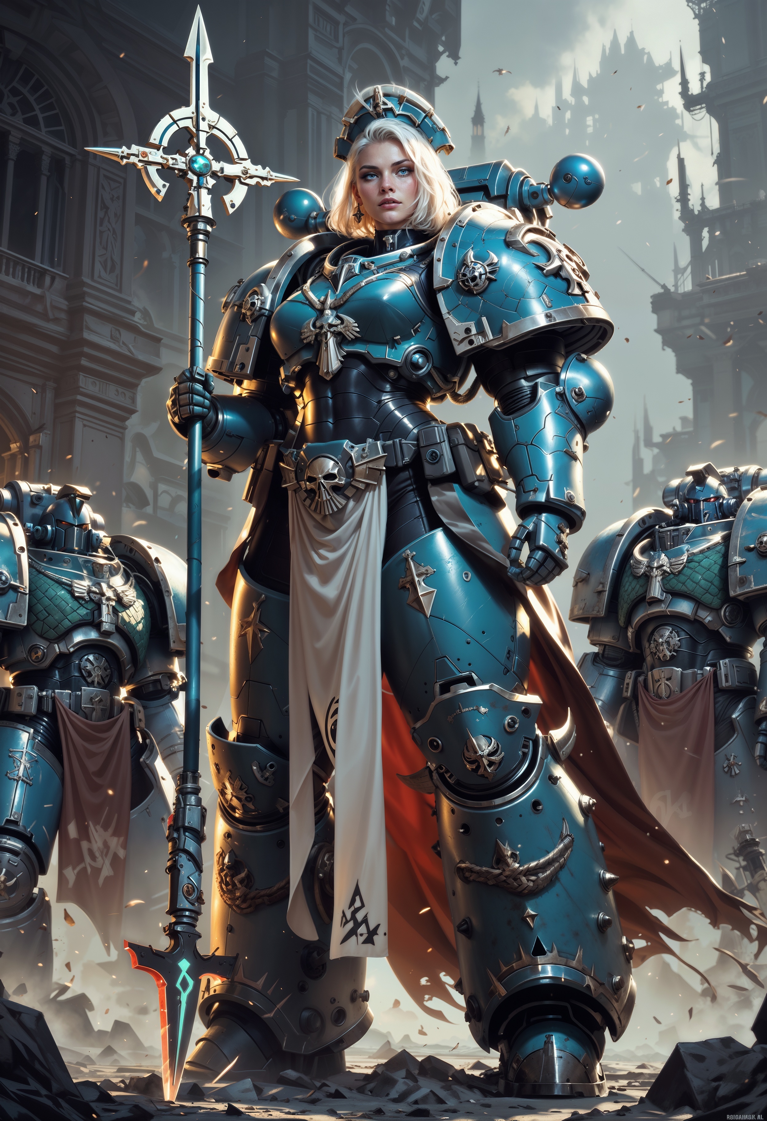 (score_9, score_8_up), score_7_up,  <lora:PonyAlphaL40k:0.8> AlphaL40k, 1girl, power armor, white hair, weapon, spear, unreal eginer 5, higher resolution textures, 4k graphic resolution, dimly lit, high detailed shading, video games, holding spear,