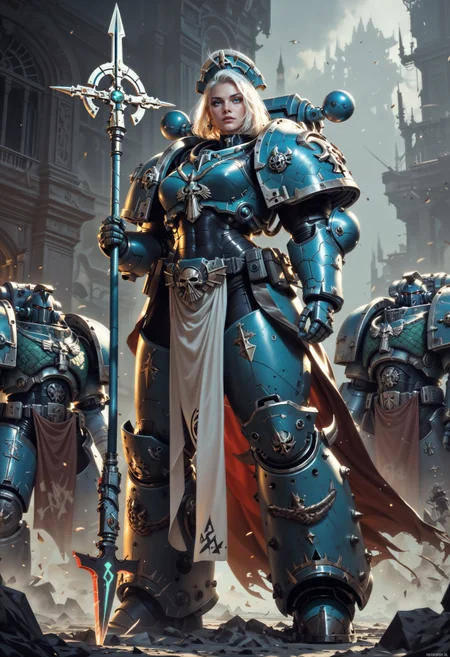 (score_9, score_8_up), score_7_up, <lora:PonyAlphaL40k:0.8> AlphaL40k, 1girl, power armor, white hair, weapon, spear, unreal eginer 5, higher resolution textures, 4k graphic resolution, dimly lit, high detailed shading, video games, holding spear,