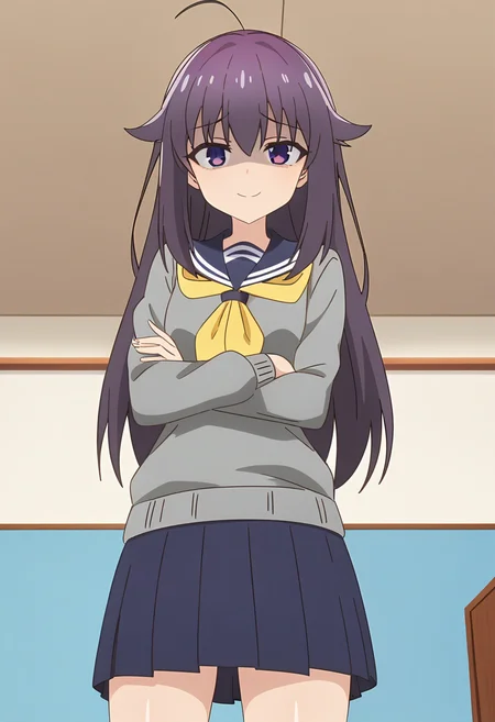 masterpiece, best quality, absurdres, very aesthetic, aesthetic, 1girl, ct_ank0, grey sweater, blue sailor collar, yellow neckerchief, puffy sleeves, blue miniskirt, looking at viewer, standing, shiny skin, indoors, smile, crossed arms, from below, shaded face,<lora:Anko_Koshi_XL_ct_ver2:0.9>