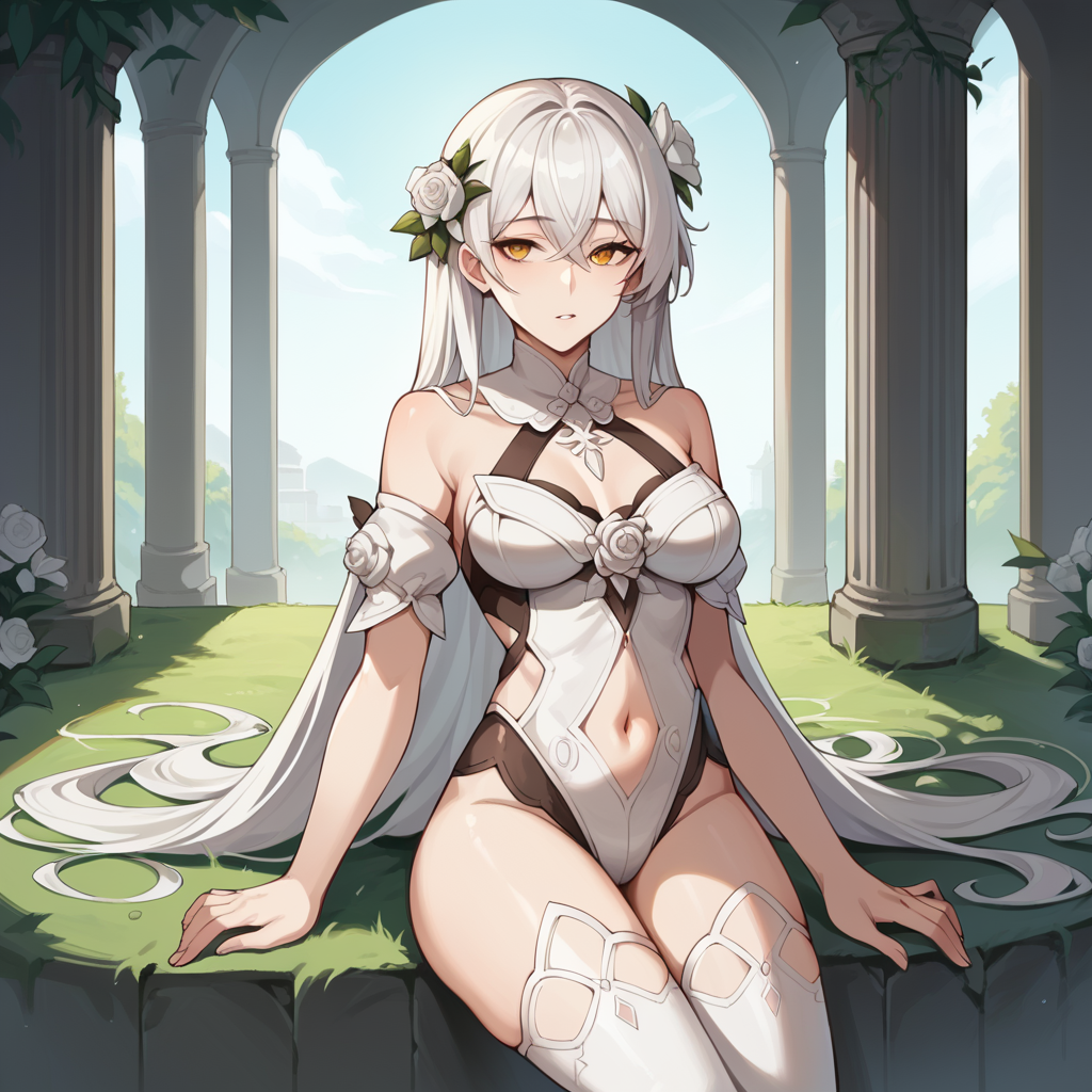score_9_up, score_8_up, score_7_up, score_6_up, source_anime, 1girl, solo, HoV, HoV_Magic, masterpiece, best quality, sun light, face focus, perfect face, sitting on grass, lying upper body on pillar, looking to side, seductive, parted lips, long hair, white hair, yellow eyes, hair between eyes, navel, bare shoulders, white thighhighs, white leotard, hair flower, white flower, mature body, dynamic cowboy shot, outdoors, white roses, ancient ruins, garden background