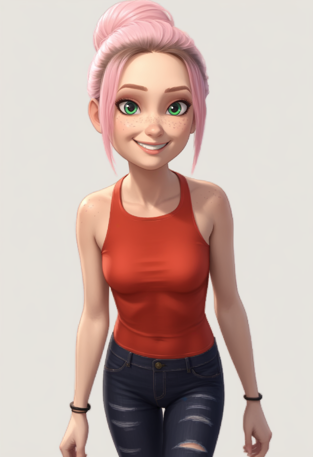 1girl, solo, Br00klynn, green eyes, freckles, pink hair, short hair, single hair bun, bracelet, red tank top, black pants, denim, torn pants, sneakers, white footwear, <lora:Brooklynn - Camp Cretaceous-000010:1>,  looking at viewer, smile, score_9, score_8_up, score_7_up, cowboy shot, standing, white background, simple background,