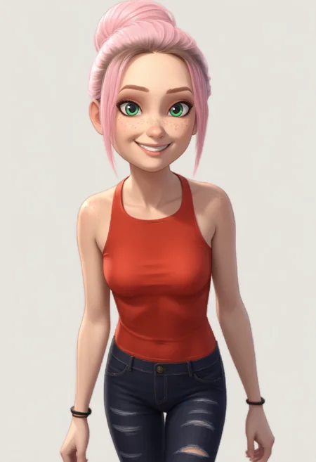 1girl, solo, Br00klynn, green eyes, freckles, pink hair, short hair, single hair bun, bracelet, red tank top, black pants, denim, torn pants, sneakers, white footwear, <lora:Brooklynn - Camp Cretaceous-000010:1>, looking at viewer, smile, score_9, score_8_up, score_7_up, cowboy shot, standing, white background, simple background,