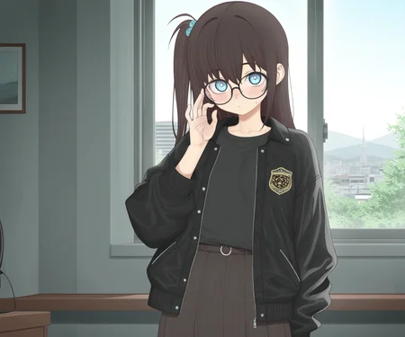 masterpiece, best quality, amazing quality, , 1girl, solo, looking at viewer, shirt, skirt, jacket, <lora:DECO style ILL-v2:1> decostyle, detailed background