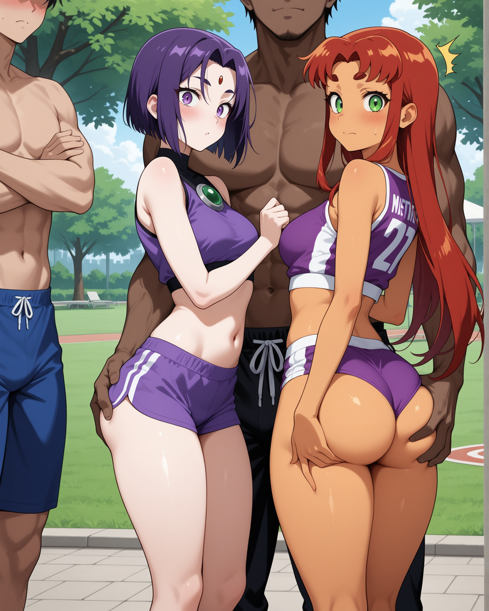 masterpiece, best quality, 2girls, 1boy, raven (dc), starfire, standing, looking at viewer, 2girls1boy, faceless male, dark-skinned male, sportswear, park, outdoors, netorare, blush, surprised, navel, midriff, muscular male, size difference, Girl_Sandwich, <lora:Girl_Sandwich_2girls_1boy_Illustrious:1>, ass grab, parted bangs, forehead jewel,