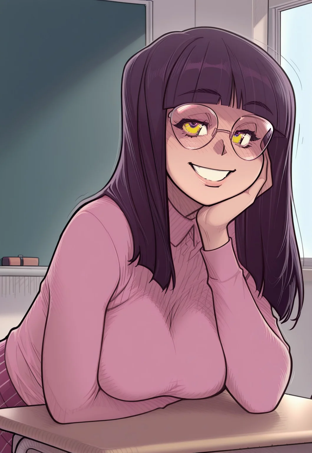 {{masterpiece, best quality, perfect face,}}, {{{{insiede, classroom, private, window, chalkboard, desk, chairs}}}}, {{{absurdres, HDR, extremely details CG,}}},
melkor_style,
1girl, solo, smiling, happy,
_h4nn4h_, black hair, bangs, blunt bangs, long hair, yellow eyes, glasses, round eyewear, large breasts,
<segment:girl's face,0.3,0.3//cid=1>
{{{{extremely_beautiful_detailed_anime_face_and_eyes, source_anime,}}}}