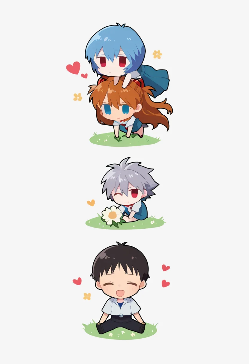 score_9,score_8_up,score_7_up,<lora:eva_pony:1>,2boys, 2girls, nagisa_kaworu, souryuu_asuka_langley, ikari_shinji, ayanami_rei, sad, flower, heart, tokyo-3_middle_school_uniform, one_eye_closed, simple_background, chibi, white_background
