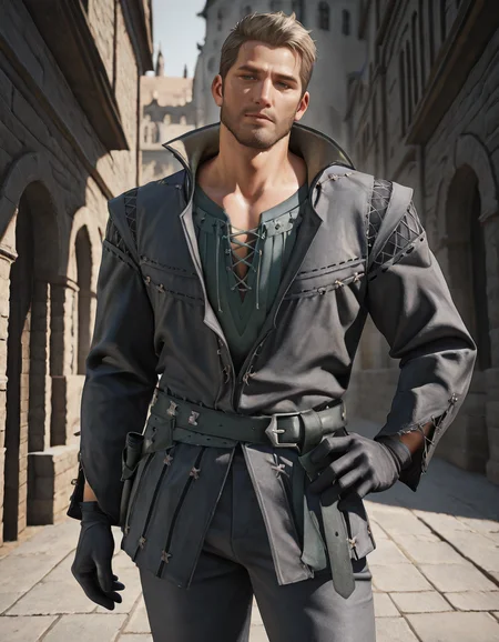 masterpiece, best quality, newest, detailed background, intricate details, male focus, realistic, solo, <lora:FFXVI - Cidolfus Telamon - Illustrious-000008:0.7>, cid_t, 1boy, mature male, green eyes, light brown hair, facial hair, outdoors, head tilt, medieval city, cowboy shot, jacket, shirt, belt, gloves, pants, hand on hip