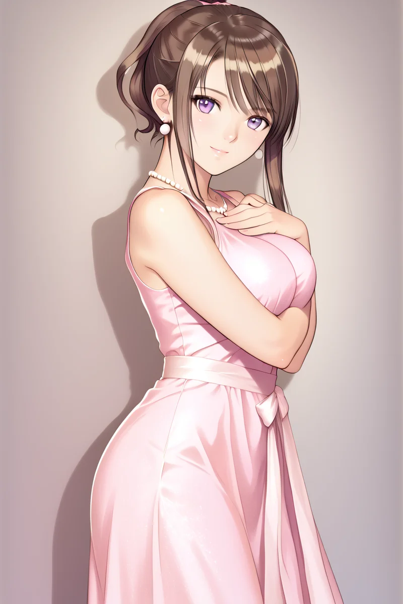 matsumiya_kiriko, 1girl, dress, solo, pink dress, large breasts, looking at viewer, purple eyes, brown hair, sleeveless, standing, hand on own chest, bangs, smile, sidelocks, sleeveless dress, closed mouth, outfit4<lora:matsumiya_kiriko_v2:0.9> pearl earrings, earrings behind sidelock, high leg, (photorealistic), cowboy shot, one hand, on hips, cheerful, knee, side view, <lora:Add_more_details_pony:0.3> <lora:HandFixer_pdxl_Incrs_v1:1> necklace, tony taka
