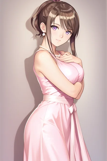 matsumiya_kiriko, 1girl, dress, solo, pink dress, large breasts, looking at viewer, purple eyes, brown hair, sleeveless, standing, hand on own chest, bangs, smile, sidelocks, sleeveless dress, closed mouth, outfit4<lora:matsumiya_kiriko_v2:0.9> pearl earrings, earrings behind sidelock, high leg, (photorealistic), cowboy shot, one hand, on hips, cheerful, knee, side view, <lora:Add_more_details_pony:0.3> <lora:HandFixer_pdxl_Incrs_v1:1> necklace, tony taka