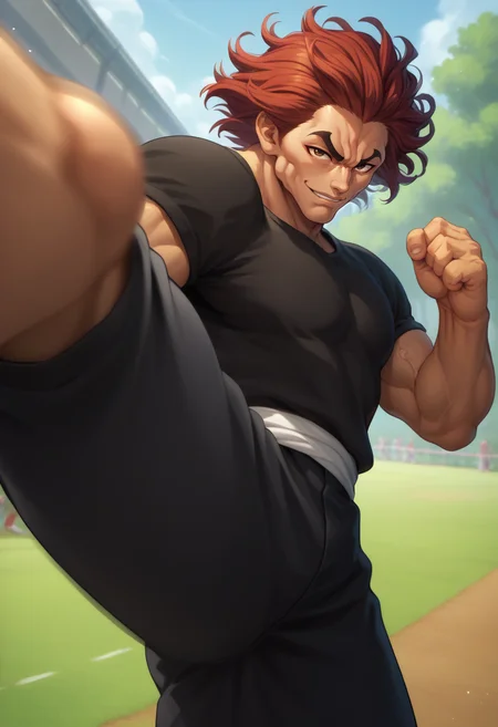 score_9, score_8_up, score_7_up, 1boy, kicking, kicking at viewer, <lora:KickingAtViewer_XLPD:1>, motion lines, motion blur, <lora:Char-YujiroHanma-pony:0.8> YujiroHanma, black shirt, muscular male, black pants, short sleeves, brown eyes, red hair, manly, veins, slightly dark skin, evil smile, outdoors, solo,