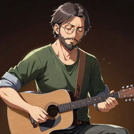 slavic 36 years old man is playing brown cedar acoustic 6-strings guitar, slavic face shape, ultra short dark hair, short haircut with shaved temples, dark green shirt, grey jeans, sad smile, brown eyes half closed, folk music, short accurate beard, small spot on a left cheek, small square glasses, square glasses, anime cowboy bebop style, extreme quality, high quality, highres