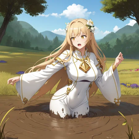 masterpiece, best quality, digital art, deviantart, 1girl, golden hair, medium breasts, small waist, white dress, gold ornaments, priestess, green grass, hills in the distance, trees, flowers, blue sky, partially submerged, brown mud, mud bog, sticky mud, scared, worried, screaming, close up
