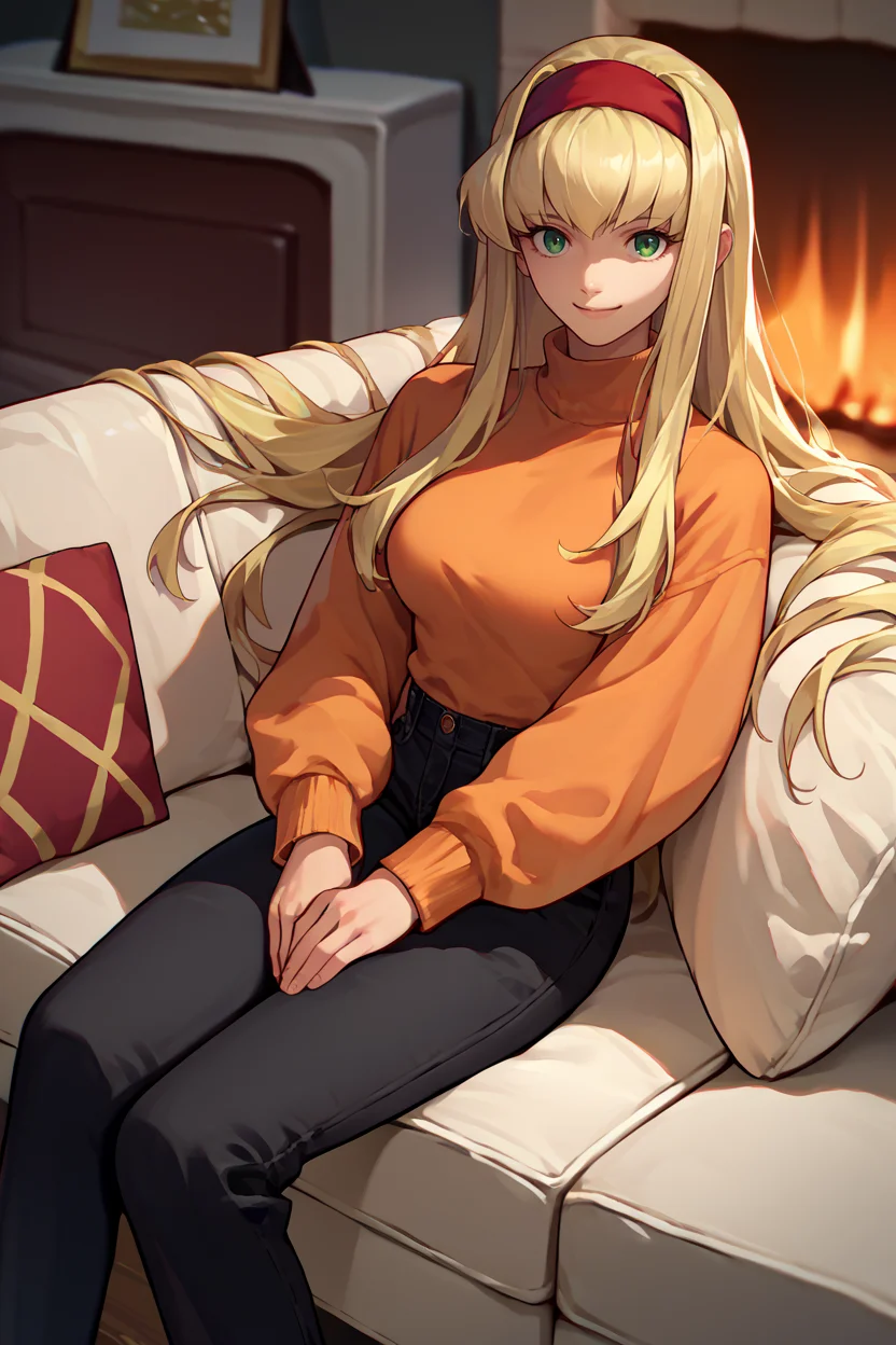 score_9, score_8_up, score_7_up, score_6_up, source_anime, 1girl, solo, <lora:xfalexia-pdxl-nvwls-v1-000005:1> defAlexia, long hair, blonde hair, red hairband, orange sweater, black pants, medium breasts, sitting on couch, fireplace, smile, looking at you