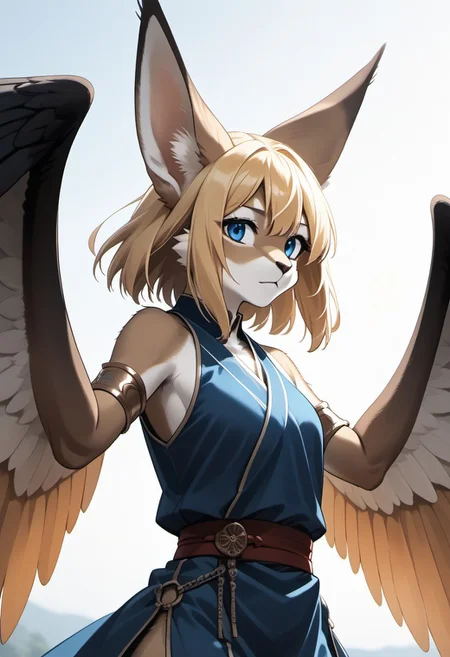 1person, Palagiri, anthro, feline features, feline nose, large ears, ((wings)), ((armless)),
3/4 view, perfect face,
Blonde hair, blonde fur, blue tunic, bob-haircut, waist-up view,
Source: anime, score: 9, score: 8up,