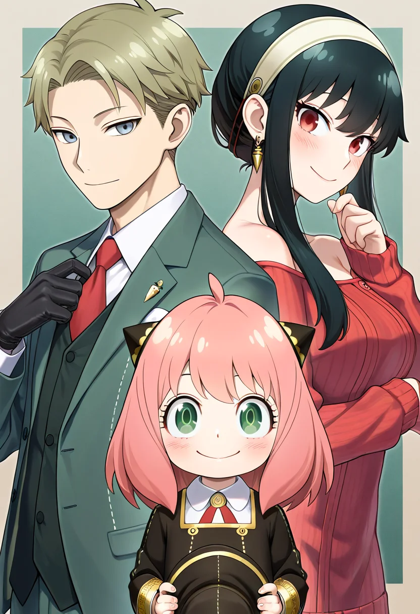 masterpiece,best quality,amazing quality, anya (spy x family), twilight (spy x family), yor briar, 1boy, 2girls, black gloves, black hair, black headwear, black suit, blue eyes, brown hair, child, dress, eden academy school uniform, formal clothes, gloves, grey eyes, hat, headband, holding, holding hat, holding unworn clothes, long hair, looking at viewer, multiple girls, neck ribbon, necktie, red eyes, red necktie, red ribbon, red sweater, ribbed sweater, ribbon, school uniform, sidelocks, smile, suit, sweater, sweater dress, unworn hat, unworn headwear, upper body, white headband