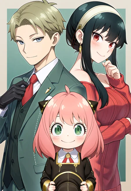 masterpiece,best quality,amazing quality, anya (spy x family), twilight (spy x family), yor briar, 1boy, 2girls, black gloves, black hair, black headwear, black suit, blue eyes, brown hair, child, dress, eden academy school uniform, formal clothes, gloves, grey eyes, hat, headband, holding, holding hat, holding unworn clothes, long hair, looking at viewer, multiple girls, neck ribbon, necktie, red eyes, red necktie, red ribbon, red sweater, ribbed sweater, ribbon, school uniform, sidelocks, smile, suit, sweater, sweater dress, unworn hat, unworn headwear, upper body, white headband