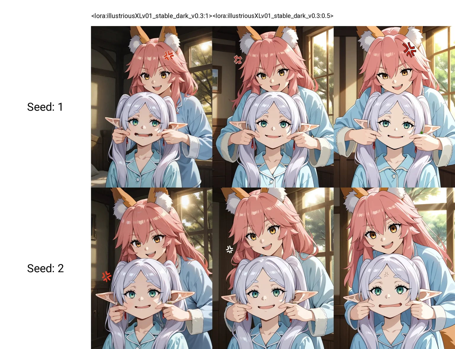 <lora:illustriousXLv01_stable_dark_v0.3:1>2girls,tamamo \(fate\),pink hair,smile,yellow eyes,frieren,white hair,green eyes,anger vein,upper body,open mouth,blue pajamas,cheek pull,indoors,sunlight,tree,masterpiece,