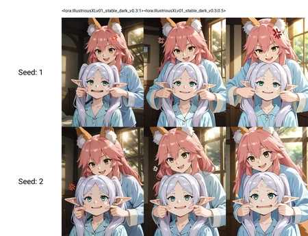 <lora:illustriousXLv01_stable_dark_v0.3:1>2girls,tamamo \(fate\),pink hair,smile,yellow eyes,frieren,white hair,green eyes,anger vein,upper body,open mouth,blue pajamas,cheek pull,indoors,sunlight,tree,masterpiece,