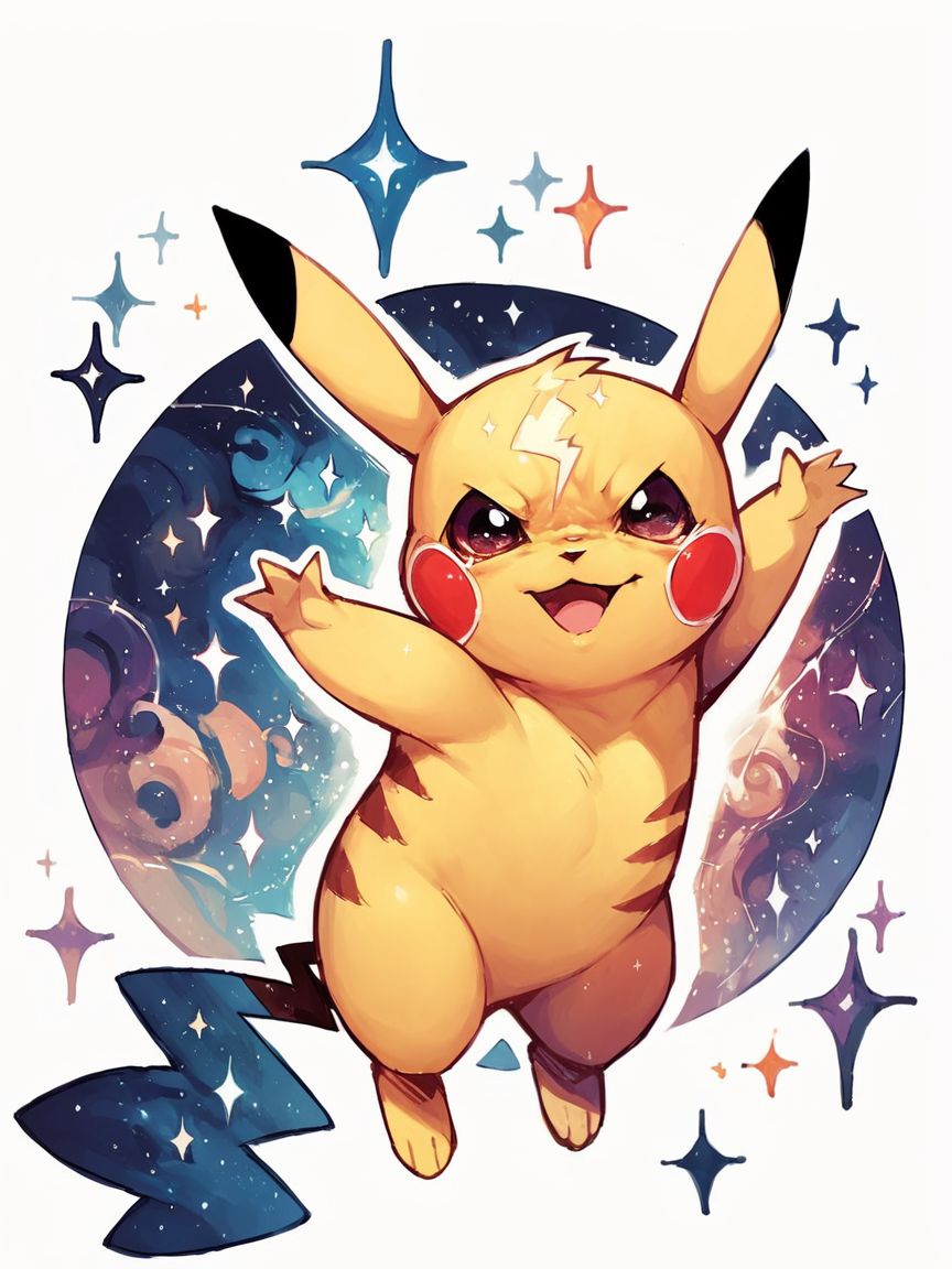 score_9, score_8_up, score_7_up, score_6_up, score_5_up, <lora:galaxyXLP:1> galaxy, pikachu, white background, feral, solo