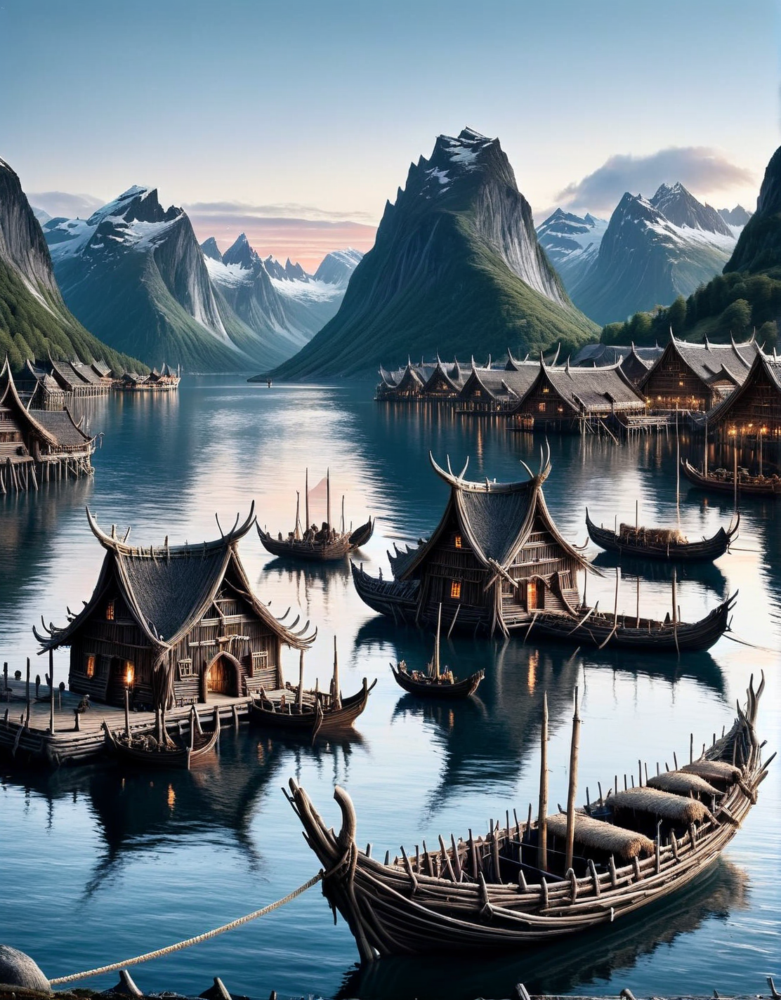An ais-stcks Viking village at dusk, with longhouses, a bustling dock, and dragon-headed ships moored in the fjord, all set against the backdrop of towering mountains <lora:ais-stcks-sdxl:1>