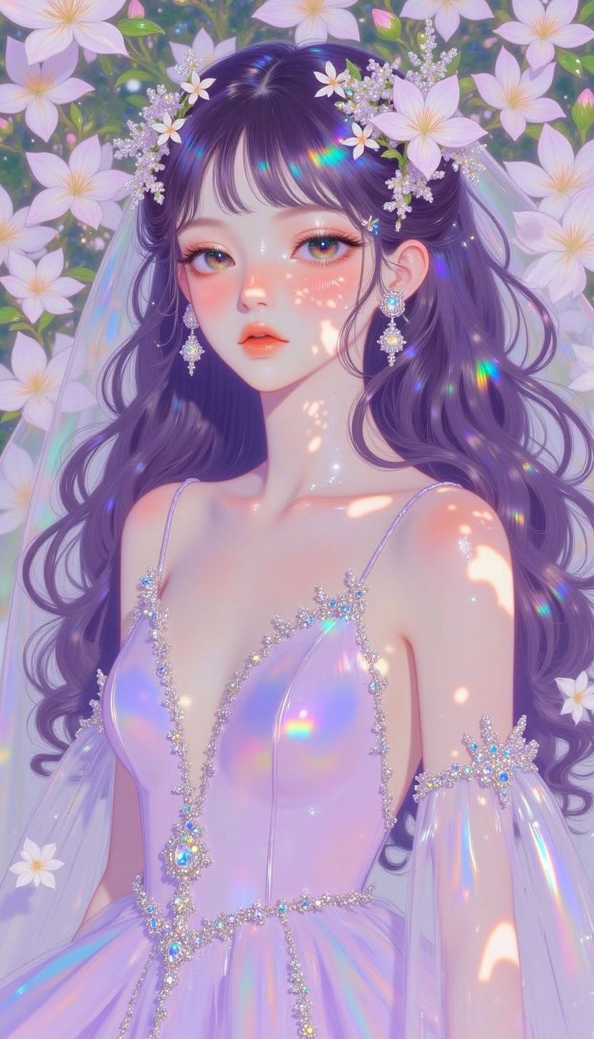 pinkprismaticglow, 
A breathtaking woman with luminous lilac eyes and glowing alabaster skin. Her long, wavy locks transition from deep plum to soft orchid pink, intertwined with delicate jasmine blossoms. She wears an elegant, flowing gown with sheer lavender veils that dance like mist in the wind.