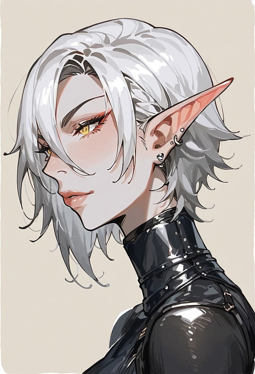 score_9, score_8_up, score_7_up, high detailed, high quality, source_fantasy, concept art, Expressiveh, easynegative, watercolor \(medium\), traditional media, kdmstyle,
...
1girl, solo, mature, curvy body, (tall:1.5), medium breast, blood_elf, 
pointed ears, multiple piercings, pale skin, gold eyes,
white hair, short hair, hair between eyes, Arlecchino hair style,
beauty face,
...
black bodysuit, body straps, leather gauntlets, fingerless gloves, long black boots, 
...
simple background, beige background,
