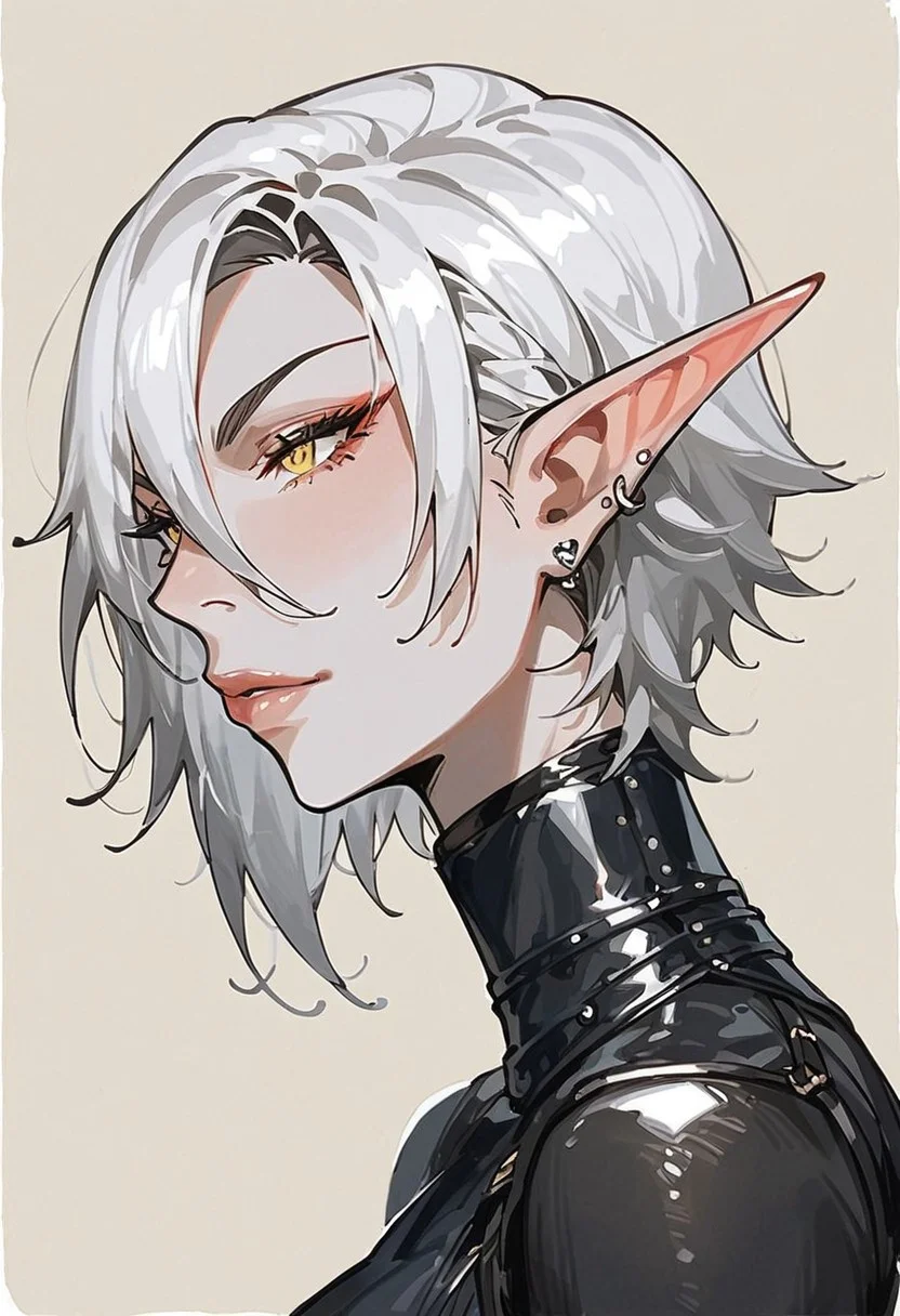 score_9, score_8_up, score_7_up, high detailed, high quality, source_fantasy, concept art, Expressiveh, easynegative, watercolor \(medium\), traditional media, kdmstyle,
...
1girl, solo, mature, curvy body, (tall:1.5), medium breast, blood_elf, 
pointed ears, multiple piercings, pale skin, gold eyes,
white hair, short hair, hair between eyes, Arlecchino hair style,
beauty face,
...
black bodysuit, body straps, leather gauntlets, fingerless gloves, long black boots, 
...
simple background, beige background,