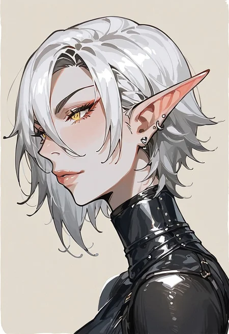 score_9, score_8_up, score_7_up, high detailed, high quality, source_fantasy, concept art, Expressiveh, easynegative, watercolor \(medium\), traditional media, kdmstyle,
...
1girl, solo, mature, curvy body, (tall:1.5), medium breast, blood_elf, 
pointed ears, multiple piercings, pale skin, gold eyes,
white hair, short hair, hair between eyes, Arlecchino hair style,
beauty face,
...
black bodysuit, body straps, leather gauntlets, fingerless gloves, long black boots, 
...
simple background, beige background,