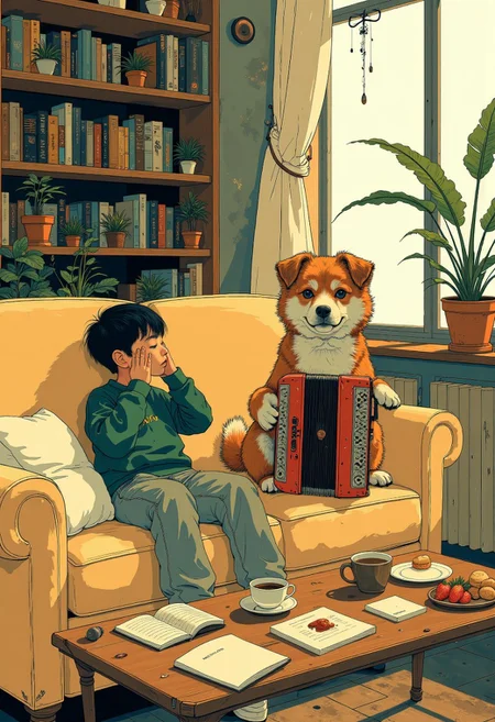 A cozy anime-style illustration features a dog sitting on a yellow sofa in a warmly lit living room, playing a vintage red accordion with its paws. The dog has fluffy light brown and white fur, with expressive eyes reflecting a calm, focused mood.
Beside the dog, a young boy lounges on the sofa, wearing a green sweater and grey sweatpants. He covers his ears with both hands, looking frustrated and annoyed by the sound of the accordion. His face shows discomfort, with furrowed brows and eyes squinted in mild irritation.
The background showcases a charming living room with bookshelves, potted plants, and decorative knick-knacks. A small white pillow rests next to the dog, adding warmth to the scene. The coffee table features a cup of tea, strawberry pastries, scattered notes, and a sketchbook, creating a cozy, lived-in atmosphere. Soft natural light streams in from an unseen window, casting a warm glow across the room. Shadows and highlights emphasize the textures of the objects.
The vintage accordion stands out with its intricate design, while the dog’s fur contrasts with the muted tones of the background. The red accordion and greenery of the plants add vibrant accents to the scene. The mood is peaceful but with a humorous twist, as the boy’s reaction to the noise contrasts with the dog’s calm demeanor. The perspective is slightly elevated, offering a clear view of the entire scene while maintaining a funny connection with the characters.