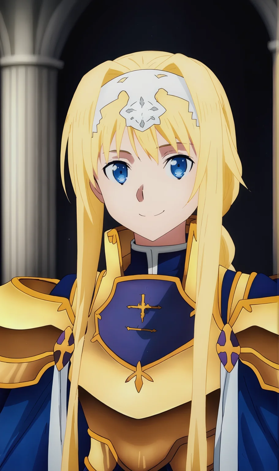 AZ, 1girl, solo, blonde hair, braided ponytail, blue eyes, white hairband, gold armor, blue cape, portrait, smile, looking at viewer, upper body, black background, blank background, <lora:Alice Zuberg Pony XL:1>