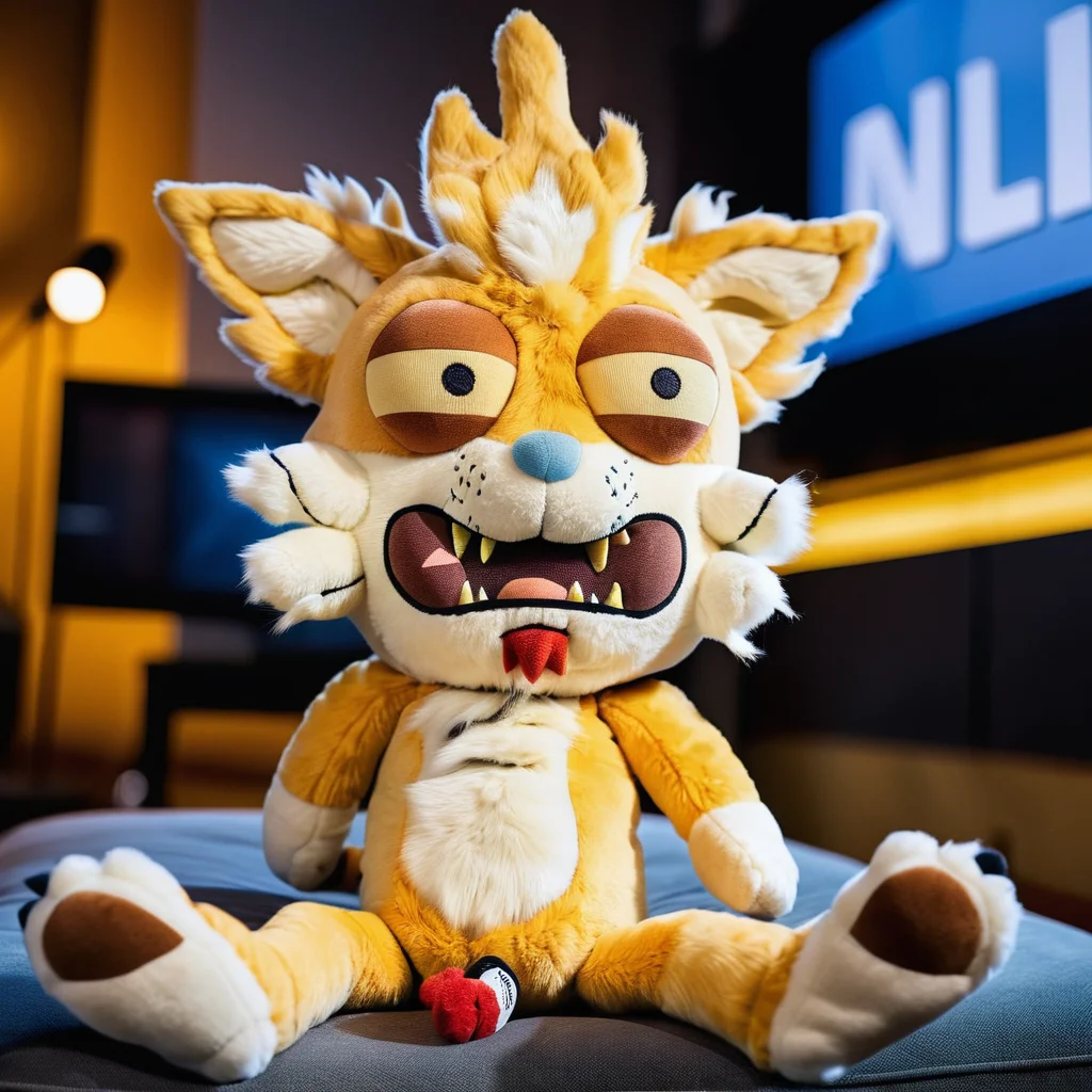 real 8k photo of a ukj,life-sized high detailed furry plushie, large black pupils, plastic, ultra detailed movie set in background <lora:squanch_sdxl_ukj_E3:0.9>