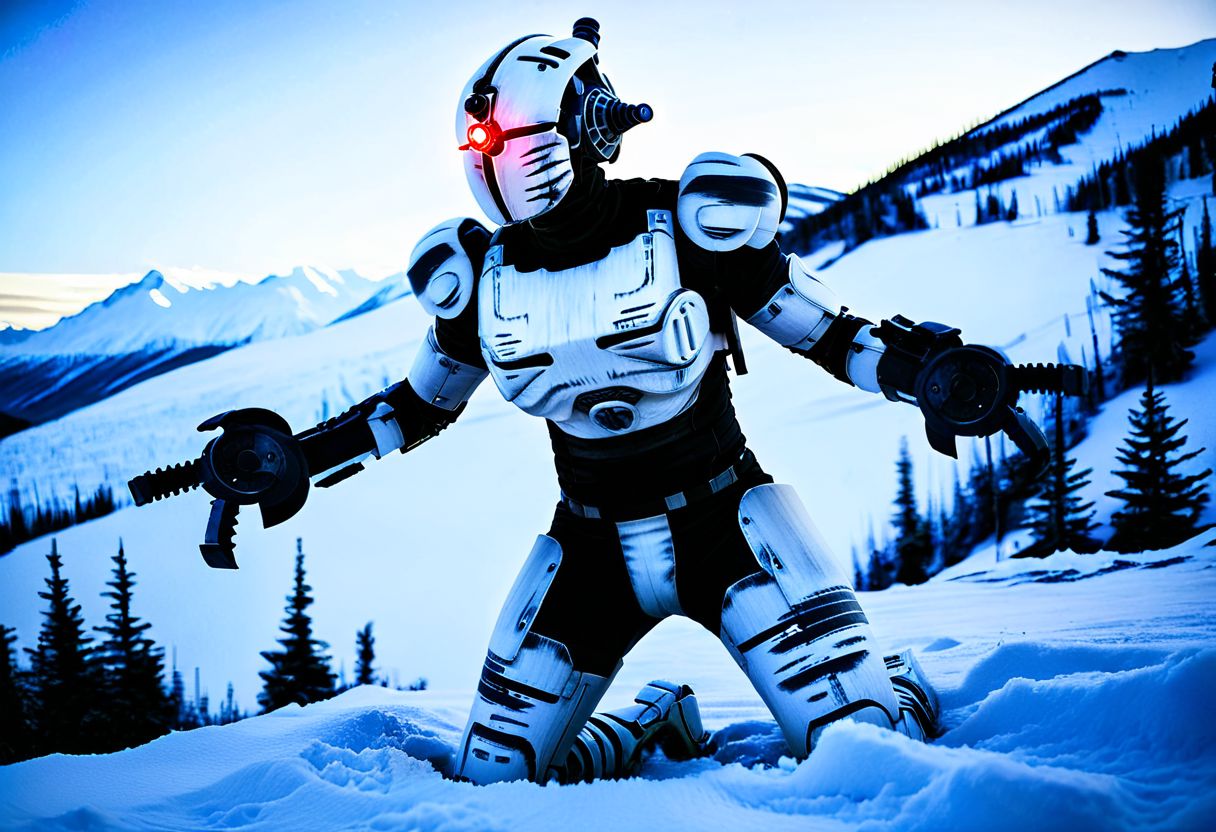 easynegative, extremely detailed, dark, chiaroscuro, low-key, AssaultronCosplay, zavy-strps, a white assaultron robot, ((the assaultron has grey stripes painted on its armor)), ((tiger stripe pattern)), in the mountains of Alaska, snow