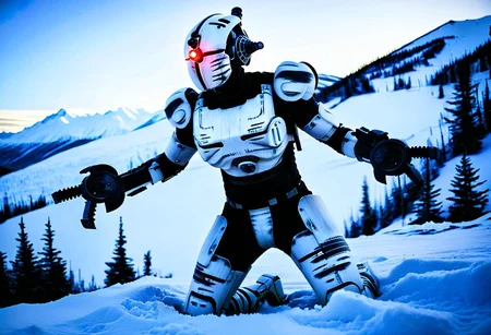 easynegative, extremely detailed, dark, chiaroscuro, low-key, AssaultronCosplay, zavy-strps, a white assaultron robot, ((the assaultron has grey stripes painted on its armor)), ((tiger stripe pattern)), in the mountains of Alaska, snow