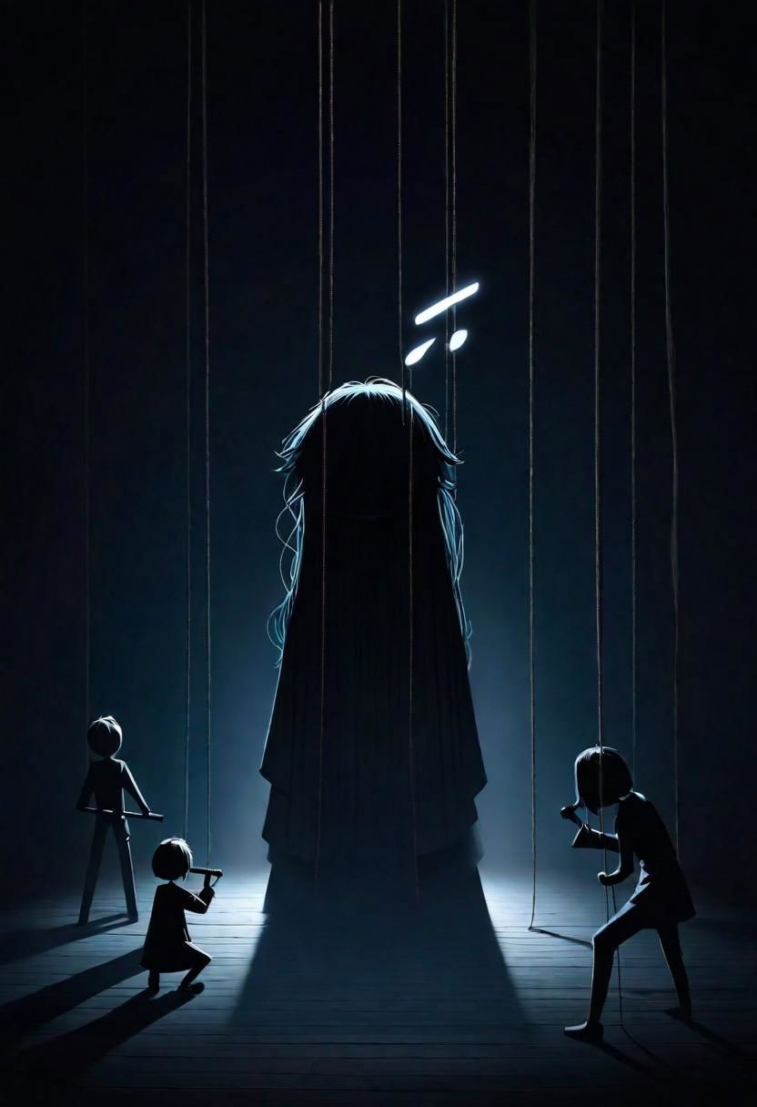 Generate an illustration of an anime puppeteer manipulating shadows and strings, symbolizing the art of puppeteer moves in dark psychology. The figure should have a mysterious aura., poster, typography, vibrant, cinematic, photo, 3d render