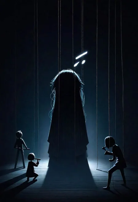 Generate an illustration of an anime puppeteer manipulating shadows and strings, symbolizing the art of puppeteer moves in dark psychology. The figure should have a mysterious aura., poster, typography, vibrant, cinematic, photo, 3d render