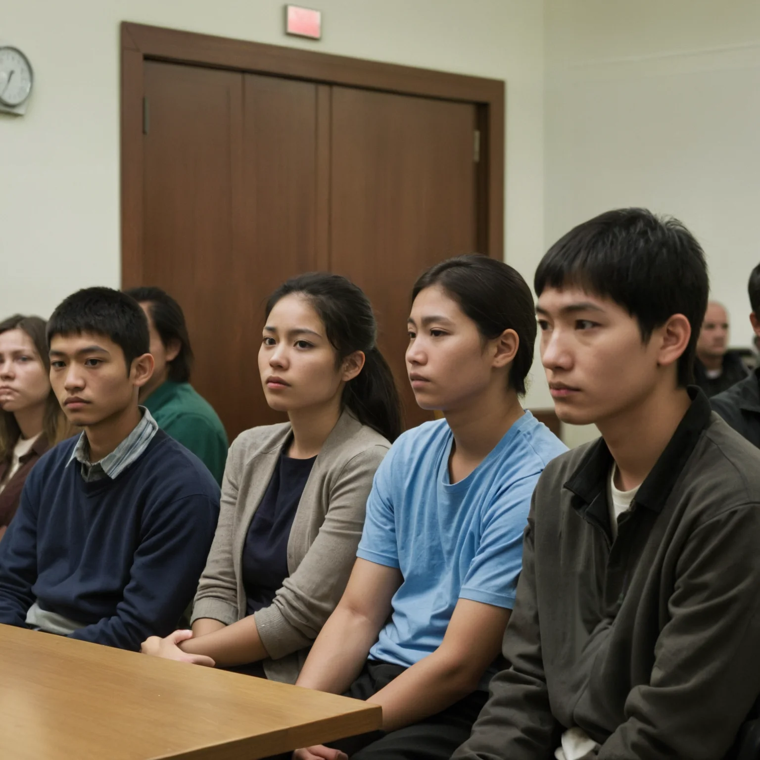point and shoot camera amateur photography of multiethnic people waiting seated in a court room corridor . casual, f/16, noise, bad light