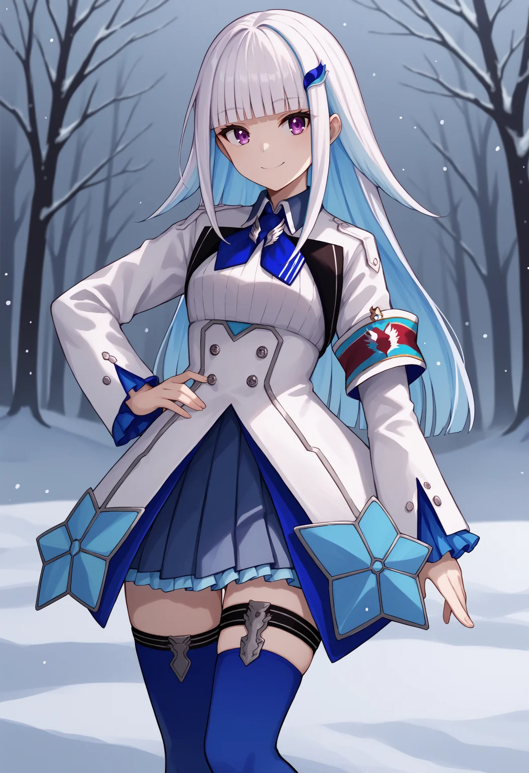 score_9, score_8_up, score_7_up, source_anime, lh1, purple eyes, white hair, blue hair, multicolored hair, two-tone hair, colored inner hair, blunt bangs, long hair, hair ornament, safety pin, white shirt, white jacket, long sleeves, armband, pleated skirt, blue skirt, frilled skirt, thigh strap, blue thighhighs, snow, smile, hand on own hip<lora:LizeHelestaXL-16:1>