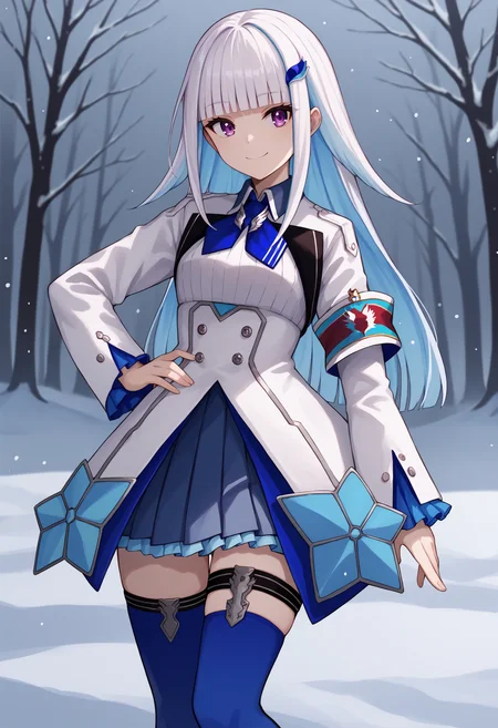 score_9, score_8_up, score_7_up, source_anime, lh1, purple eyes, white hair, blue hair, multicolored hair, two-tone hair, colored inner hair, blunt bangs, long hair, hair ornament, safety pin, white shirt, white jacket, long sleeves, armband, pleated skirt, blue skirt, frilled skirt, thigh strap, blue thighhighs, snow, smile, hand on own hip<lora:LizeHelestaXL-16:1>