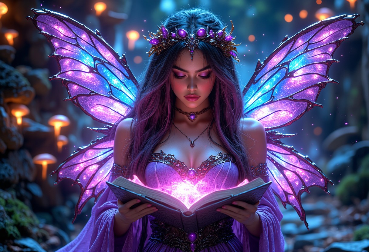 cinematic shot of a beautiful magical fairy, beautiful face details and long hair, casting colorful magical glowing spells with both hands, colorful magical fairy wings on her back, magical forest in background with glowing mushrooms, hkmagic, super realistic, style of epic cinematic, amazing quality, mythp0rt