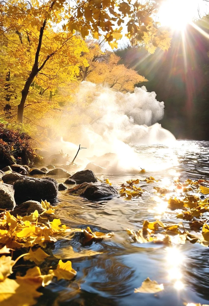 A gentle ️air current, laden with the scent of sulfur, stirs through the canopy of a towering earth elm. Sunlight filters through the leaves, dappling the ground with warmth. As a fiery June ☀️sun post dips towards the horizon, casting long shadows, a cascade of golden leaves pirouettes and twirls in the air, pulled upwards by the rising steam. The leaves drift down, their descent slowed by the resistance, and finally settle on the surface of a steaming hot spring. The water churns gently, sending wispy tendrils of steam curling upwards, momentarily breaking the perfect reflection of the fiery sky. Air Elemental