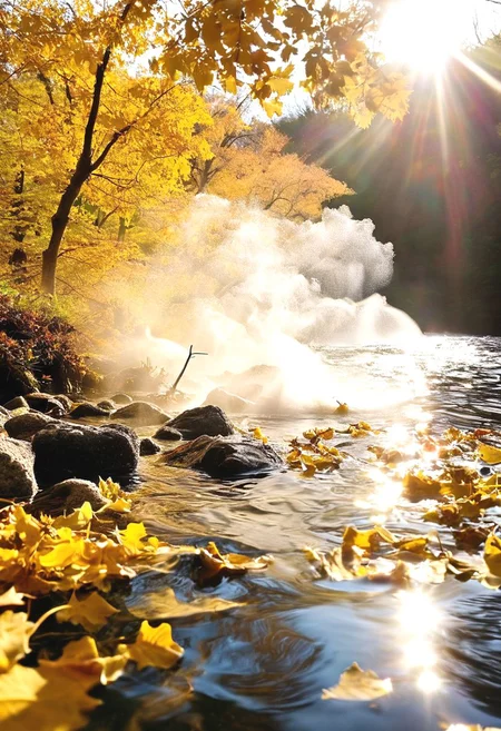 A gentle ️air current, laden with the scent of sulfur, stirs through the canopy of a towering earth elm. Sunlight filters through the leaves, dappling the ground with warmth. As a fiery June ☀️sun post dips towards the horizon, casting long shadows, a cascade of golden leaves pirouettes and twirls in the air, pulled upwards by the rising steam. The leaves drift down, their descent slowed by the resistance, and finally settle on the surface of a steaming hot spring. The water churns gently, sending wispy tendrils of steam curling upwards, momentarily breaking the perfect reflection of the fiery sky. Air Elemental