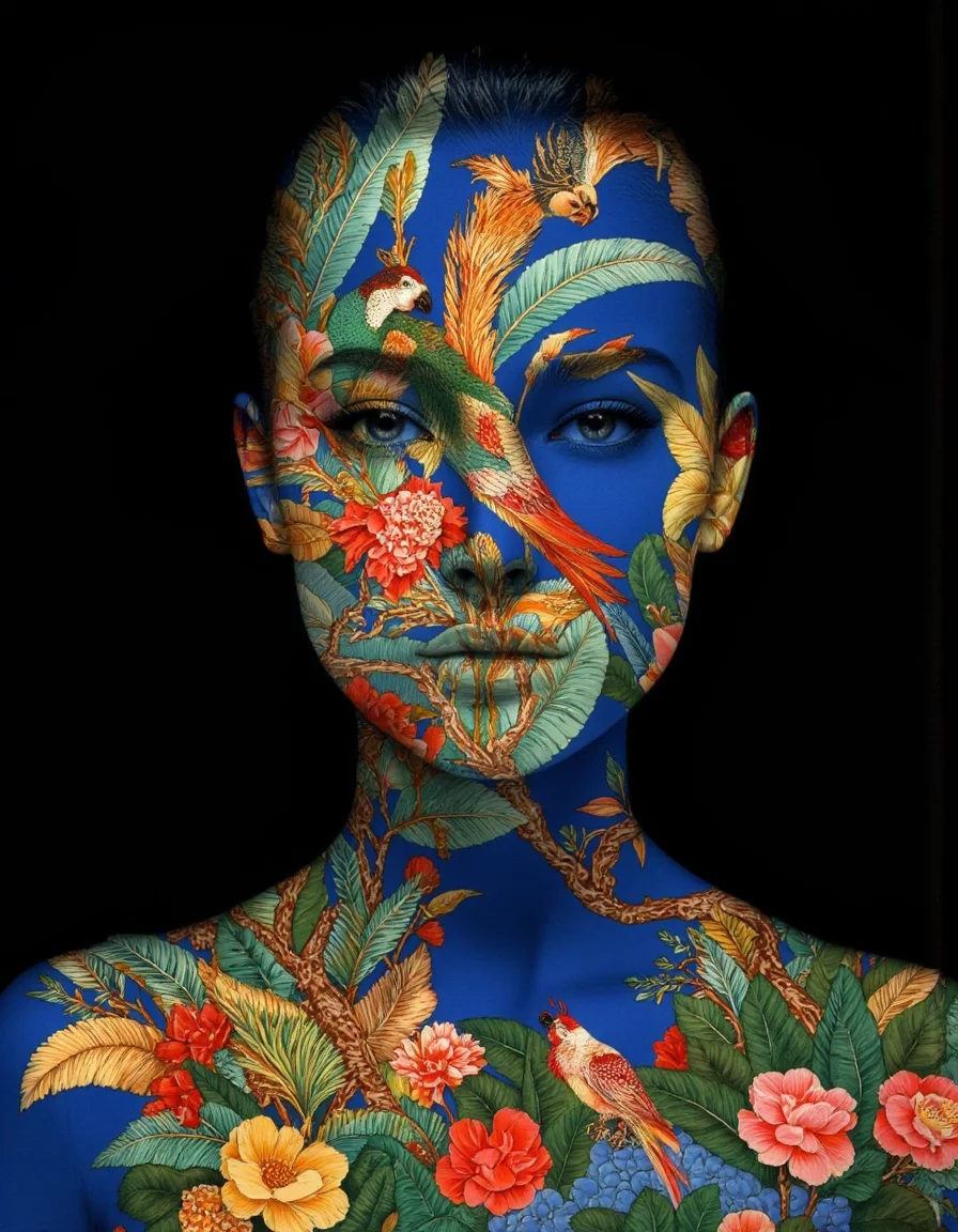 Art by Juan Brufal. A photo-realistic portrait of a woman with intricate, colorful floral patterns covering her face and upper body, captured from a portrait camera angle. the woman, who appears to be in her mid-twenties, is positioned in the middle of the image, facing the viewer with her eyes looking directly at the camera. her face is adorned with vibrant, detailed floral patterns in shades of blue, green, yellow, and red, featuring a variety of birds and flowers, including a phoenix, a parrot, and a bird perched on a branch. her skin is a deep blue, and she has a serene expression. the background is a solid black, providing a stark contrast to the vivid colors of the floral patterns. the overall effect is one of serenity and beauty, with the woman's face and body covered in a beautiful, intricate design.