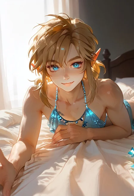 score_9, score_8_up, score_7_up, 1boy, link, link1, twink, feminine, cute, petite, slim, good perspective, foreshortening, beautiful blue sparkly eyes, eyes focus, (skimpy outfit, seductive smile:1.3), skinny, slender, (cute, petite, round face), link1, hard lights, laying cheek down on bed, hands down on bed, hard shadows, shiny skin, Expressiveh, (laying on stomach kicking both feet up:1.1), side view