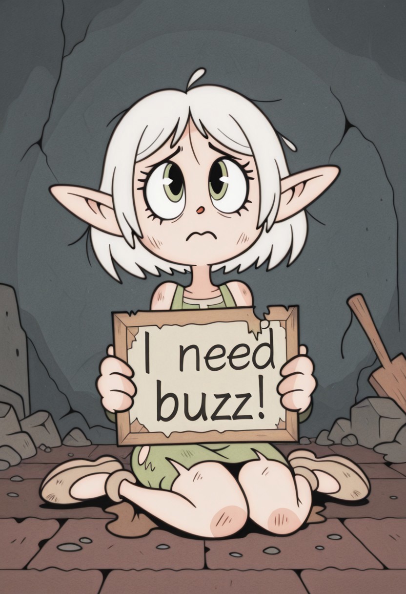 RetroXL, 1girl, elf, toon \(style\), general, flat color, white hair, hazel eyes, sitting on floor, torn clothes, messy, dirty clothes, sad, need_buzz, holding sign, looking up at viewer, masterpiece, very aesthetic, absurdres