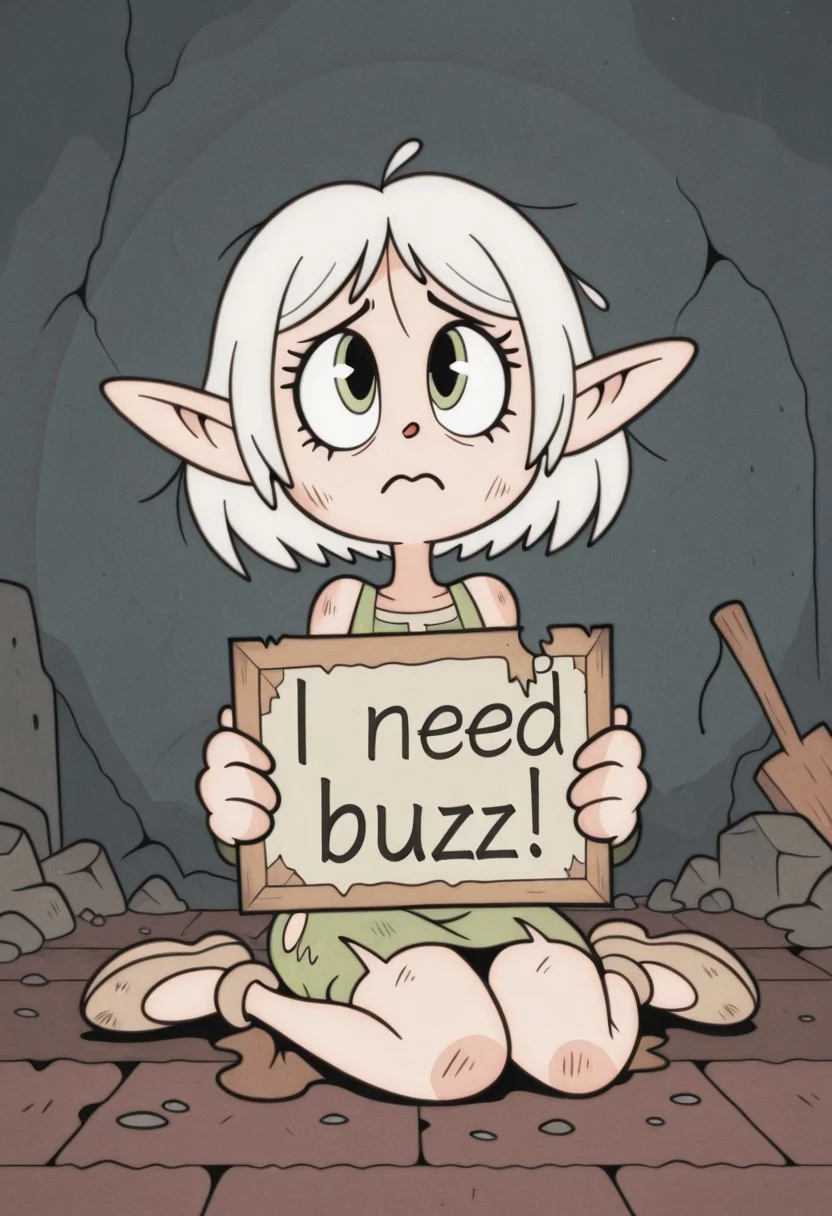 RetroXL, 1girl, elf, toon \(style\), general, flat color, white hair, hazel eyes, sitting on floor, torn clothes, messy, dirty clothes, sad, need_buzz, holding sign, looking up at viewer, masterpiece, very aesthetic, absurdres