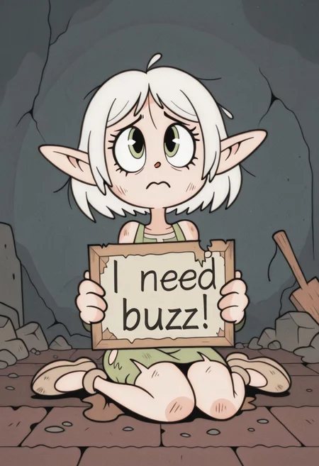 RetroXL, 1girl, elf, toon \(style\), general, flat color, white hair, hazel eyes, sitting on floor, torn clothes, messy, dirty clothes, sad, need_buzz, holding sign, looking up at viewer, masterpiece, very aesthetic, absurdres