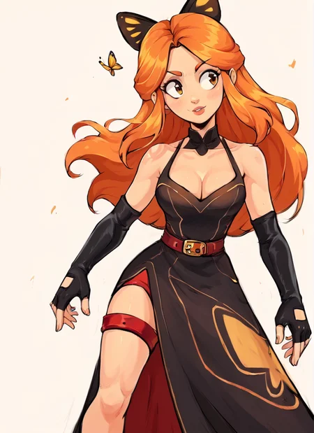 score_9, score_8_up, score_7_up, 1 girl , bpiper , orange hair, long hair, butterfly hair ornament, cleavage , black sleeveless dress,long dress, pelvic curtain, red thigh strap, belt , black elbow gloves, fingerless gloves <lora:bpiper-000004:1> <lora:Aer0Zer0_Artist_Style:1>